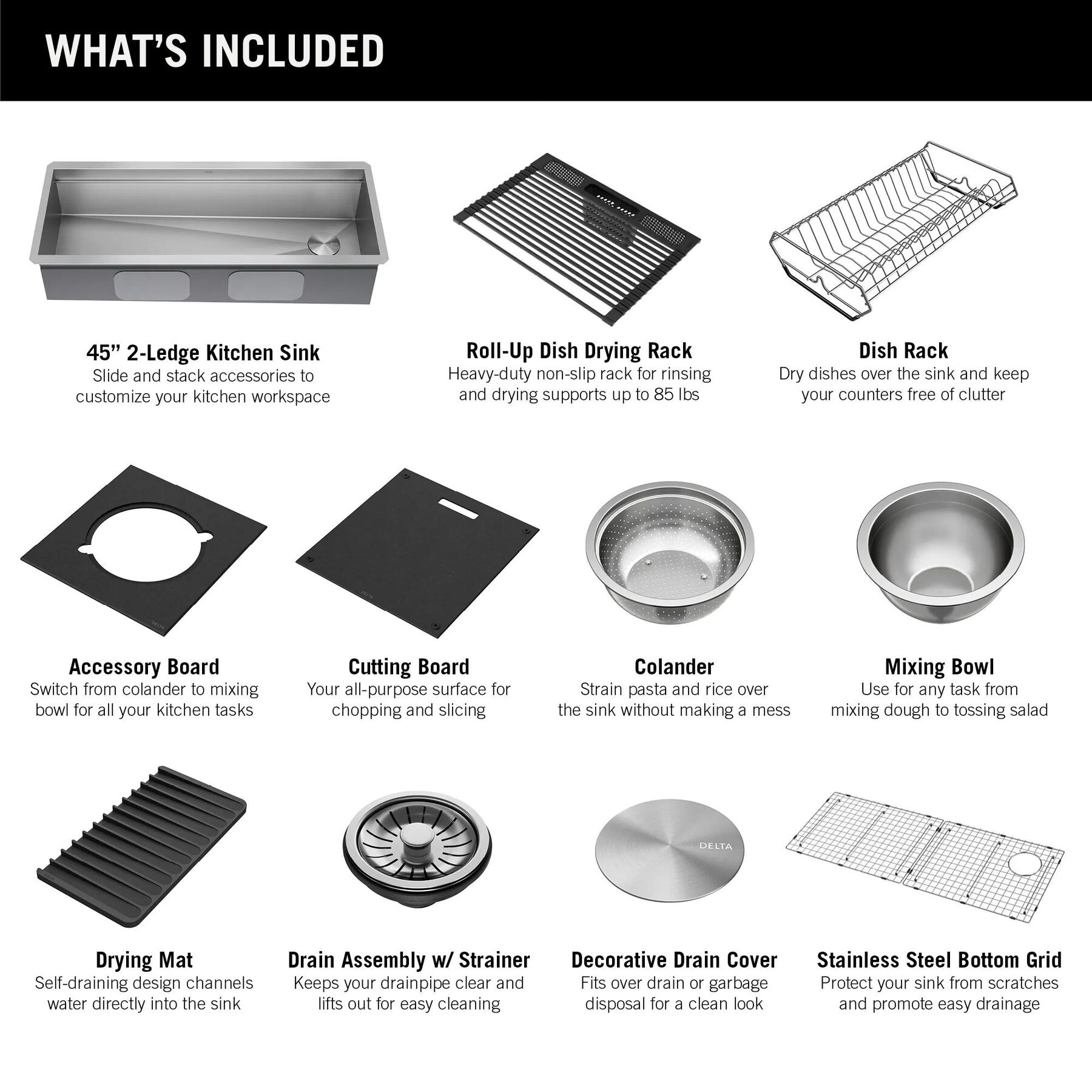 45&rdquo; Workstation Undermount Single Bowl 16 Gauge Stainless Steel Kitchen Sink with 2-Tier&nbsp;WorkFlow&trade; Ledge and Accessories